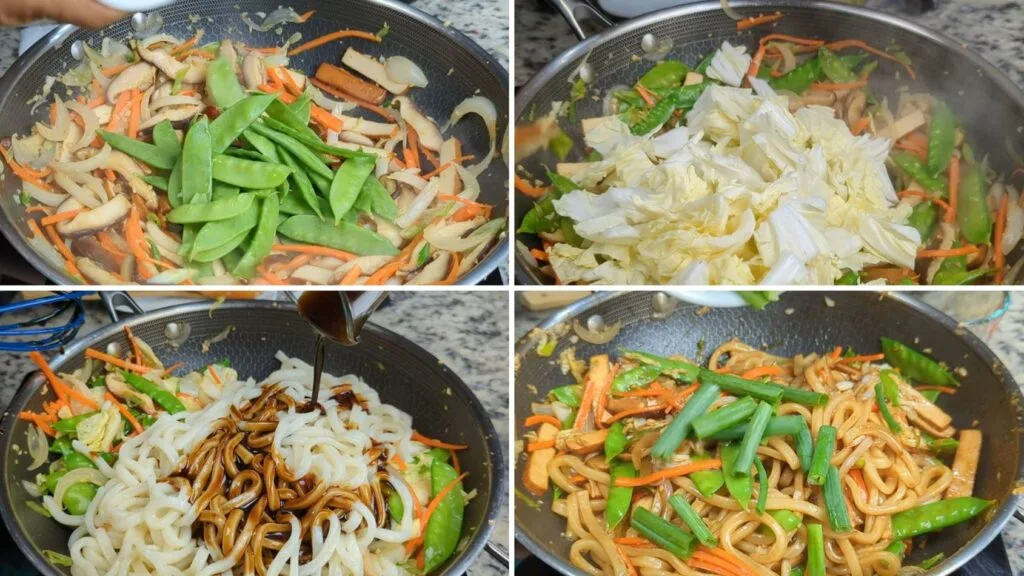 Vegetables Noodles and Sauce being added to wok to be stir fried