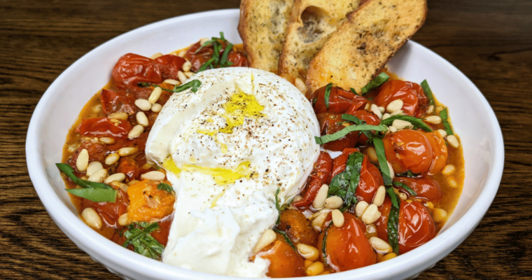 Roasted Tomatoes And Burrata With Crostini