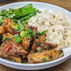 Black Pepper Totu with rice and broccolini