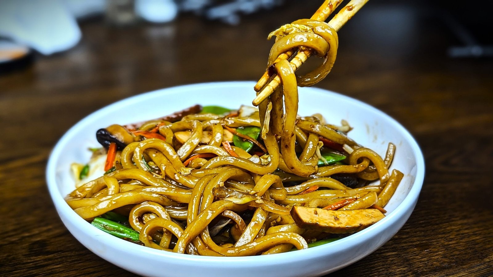 Yaki Udon Noodles in a white bowl