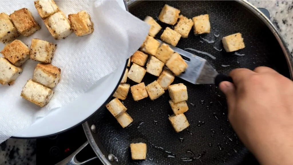 Tofu in Paper towel lined bowl