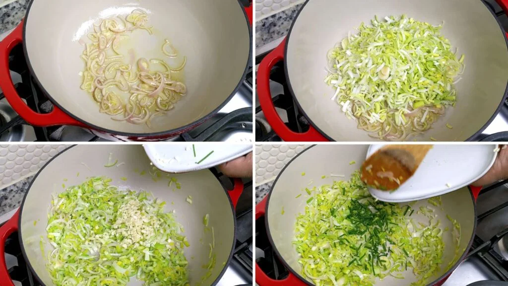 Collage of adding ingredients to Pot for potato leek soup