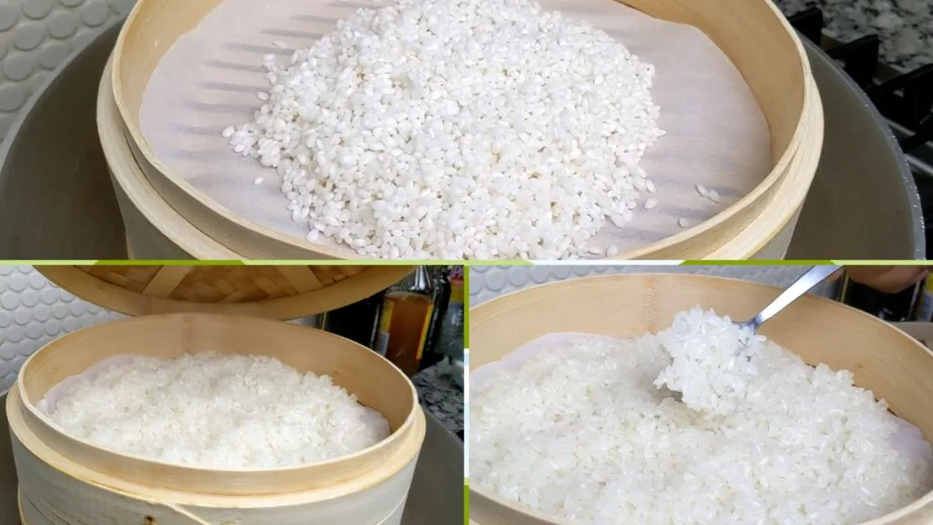 Steaming Rice in bamboo steamer