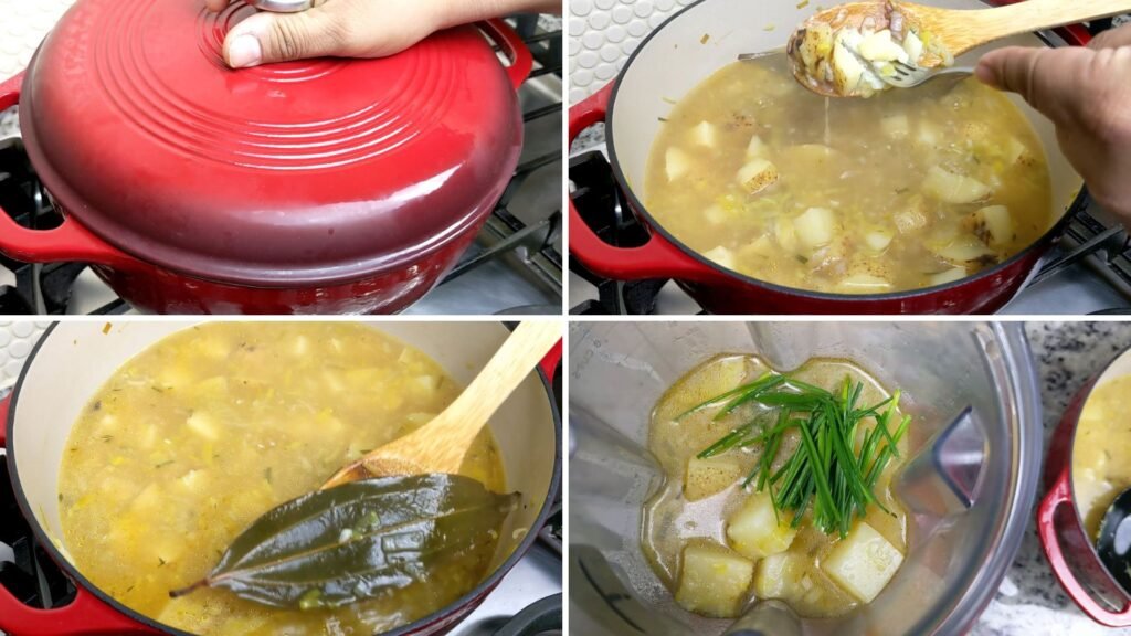 Collage of soup in a pot and blender