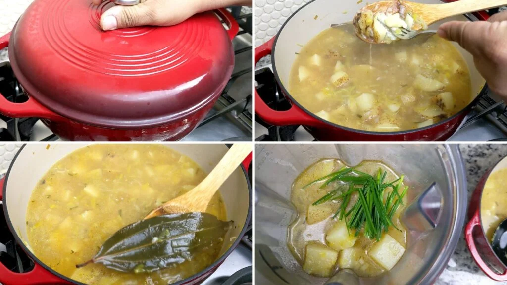 Collage of soup in a pot and blender