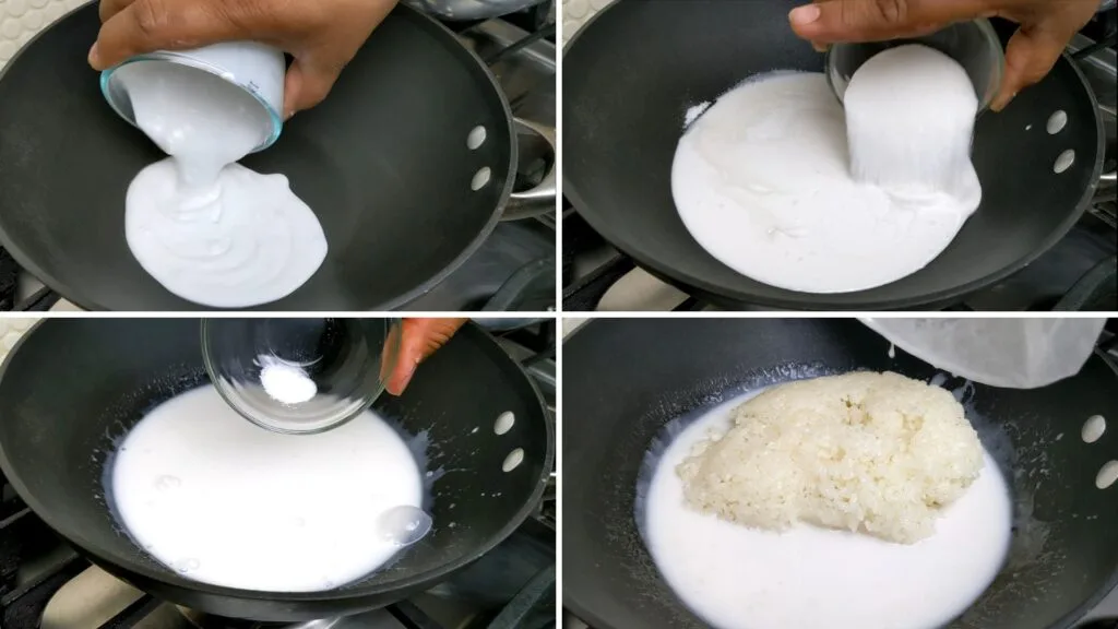 Combining Rice and Coconut Milk and Sugar in Wok