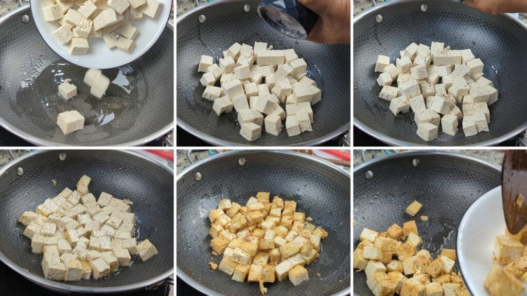 Adding Tofu, Salt and Black Pepper in a wok.