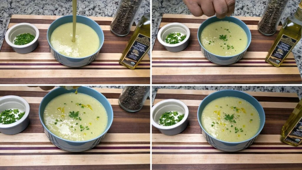 Collage of Pouring soup in a bowl and garnishing