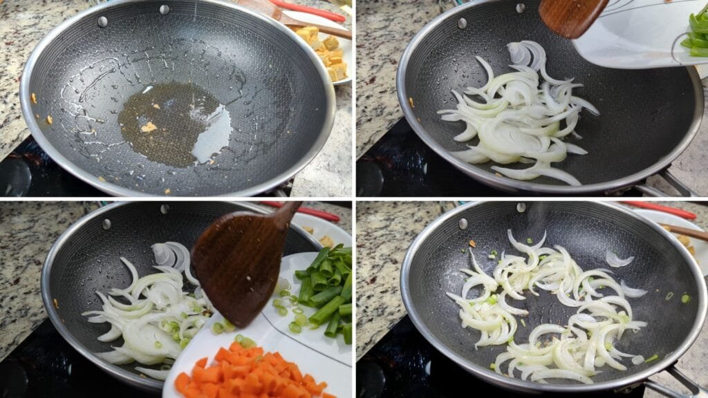 in a hot wok adding Oil, Onions and white of the Green Onions.