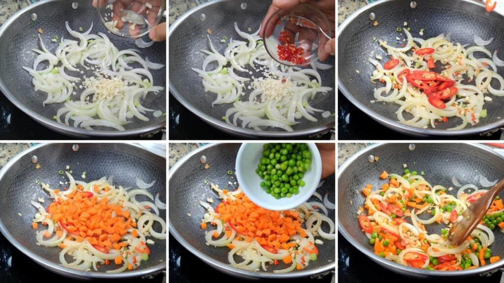 adding garlic, Thai chilis, long red hot peppers, carrots, peas and sauté.