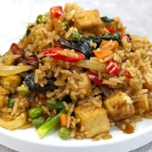 Thai Basil Fried Rice on a white plate