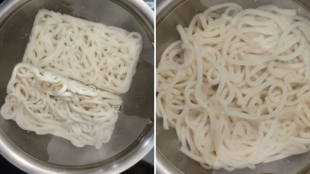 Frozen Udon Noodles added to hot water to thaw