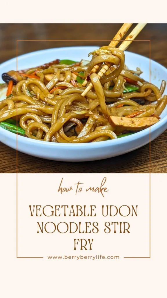 Vegetable Udon Noodles Stir Fry vertical poster for Pinterest