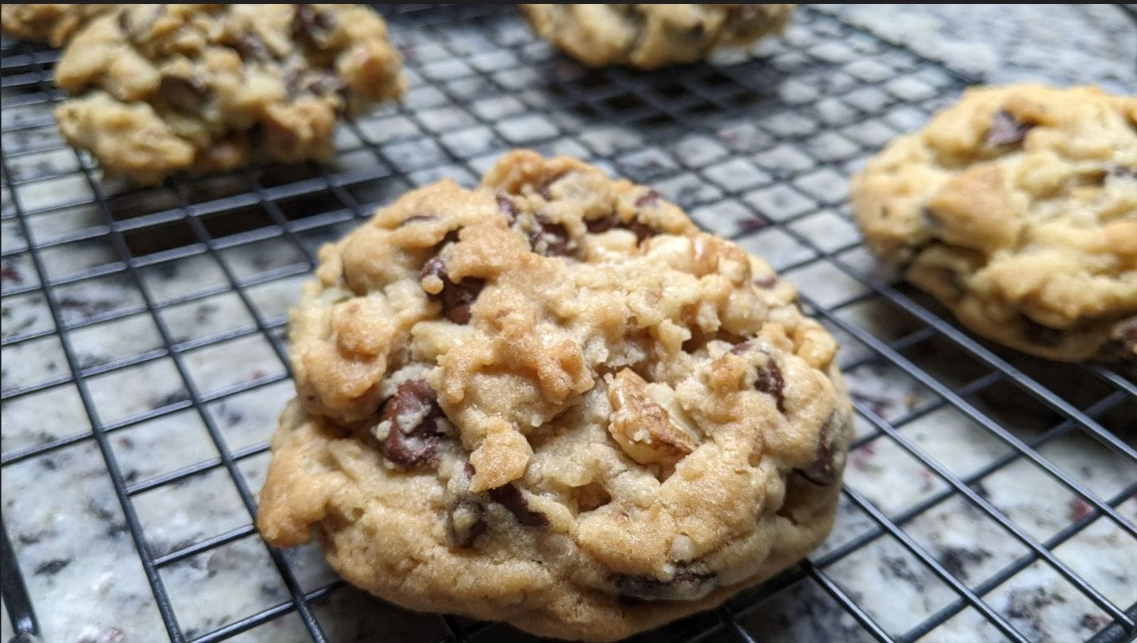 Walnut and Chocolate Cookies on cooling rack