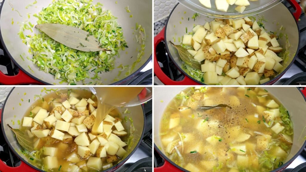 Collage of adding ingredients to Pot for potato leek soup
