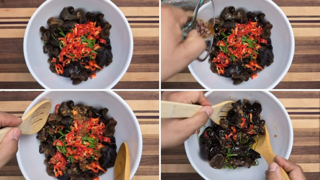 Adding ingredients to a salad bowl for wood ear mushroom salad and mixing everything