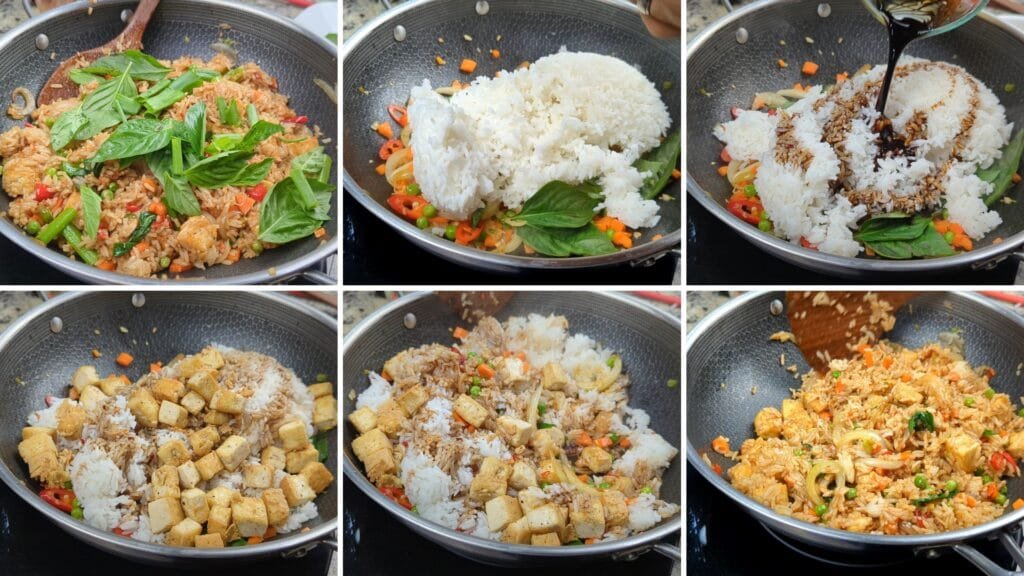 add Thai Basil, Rice, Sauce and Tofu to wok and mix the Basil Fried Rice