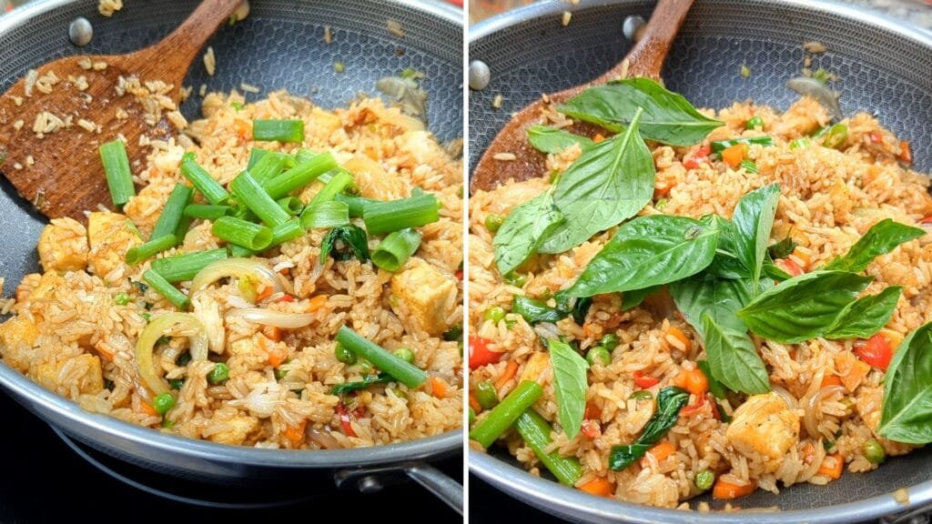 Add extra Green Onions and Thai Basil Leaves to Garnish.