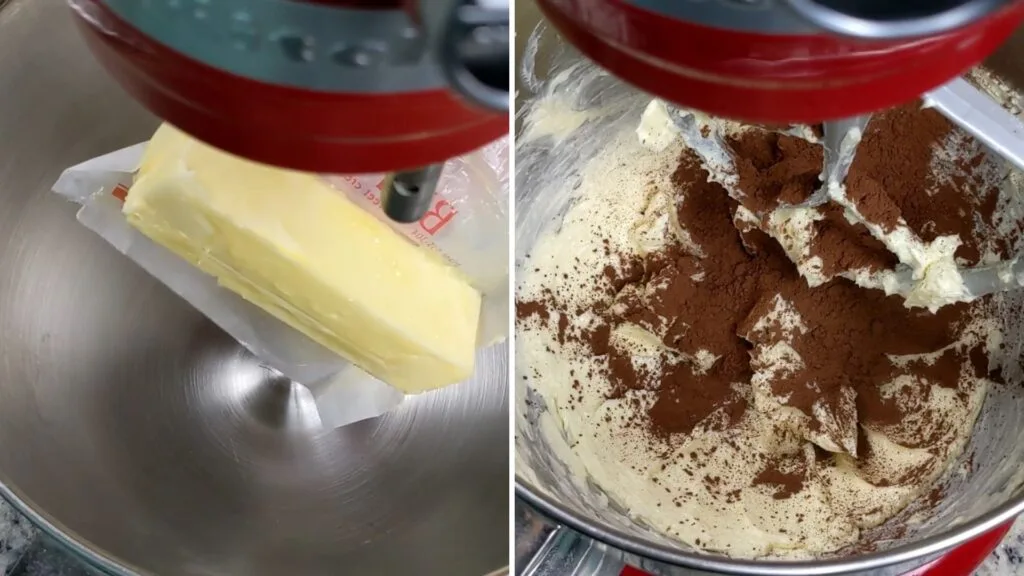 adding butter and coco powder to make chocolate frosting