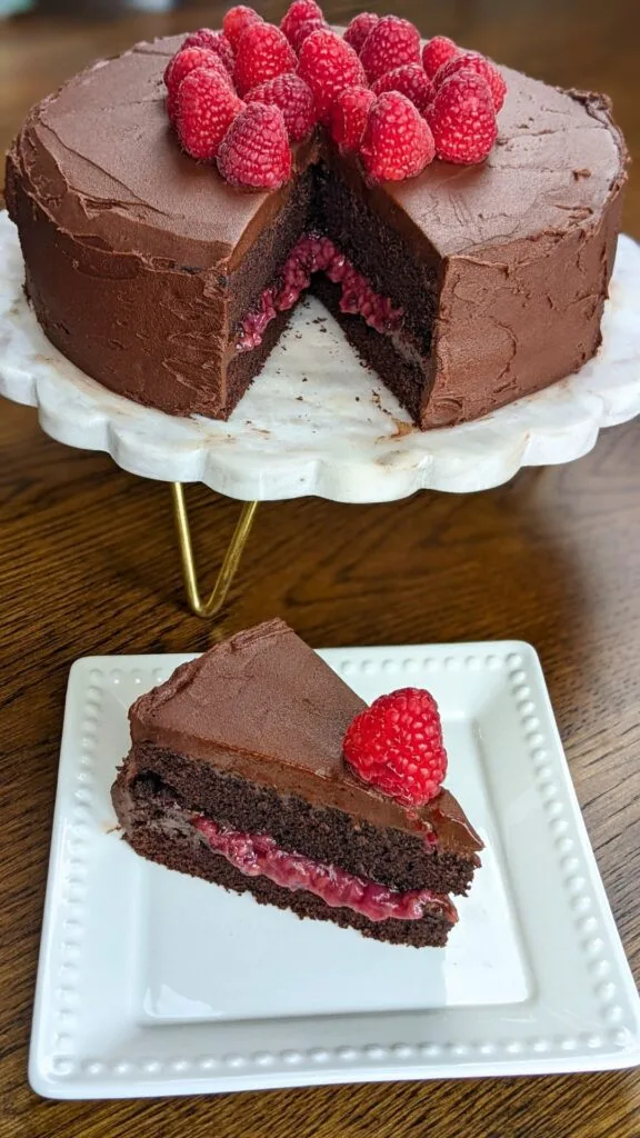 Chocolate cake with raspberry vertical poster