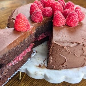 Chocolate cake with raspberry on top