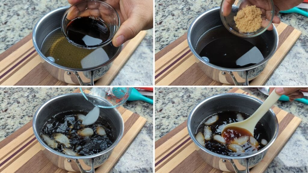 Adding seasoning to flavor the dashi to create a dipping sauce