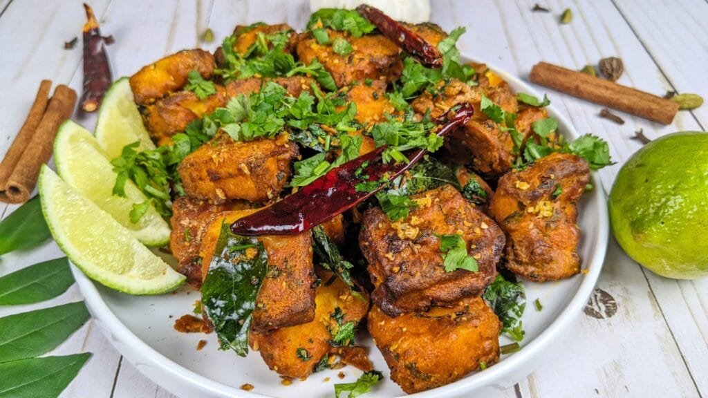 Air Fried Paneer 65 is in a White Plate