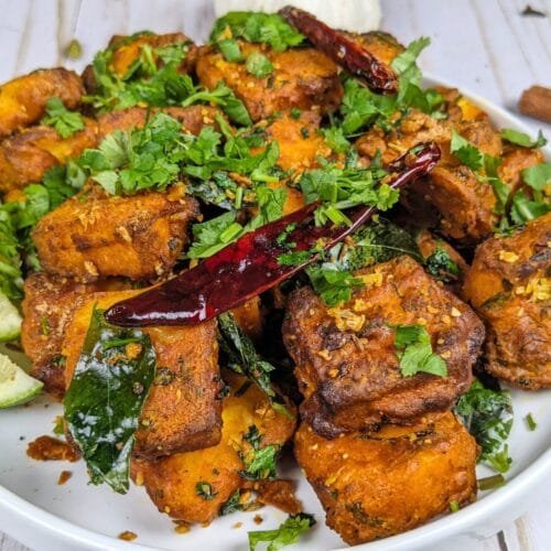 Paneer 65 is in a White Plate