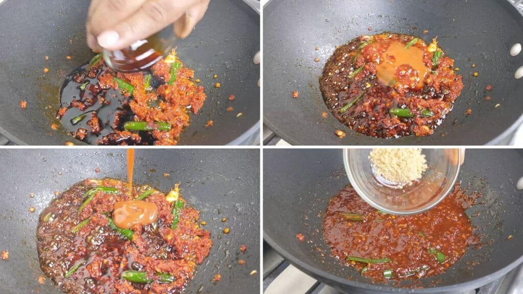 adding Soy Sauce, Sugar, Sweet Chili Sauce and Red Chili Sauce in a Wok
