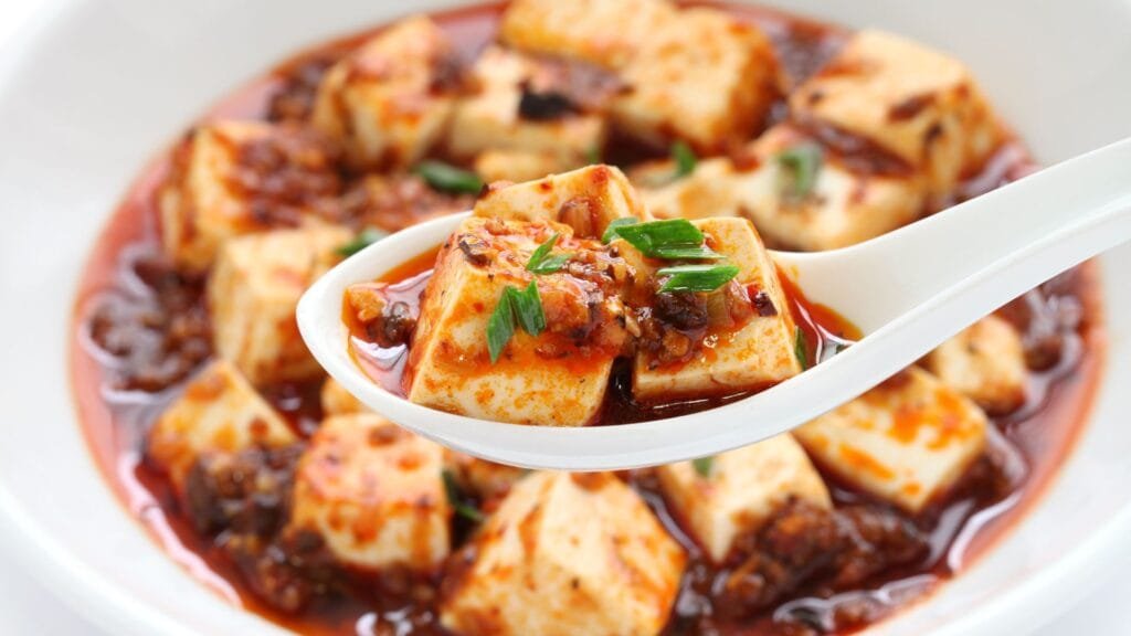 Ma po Tofu in a white bowl