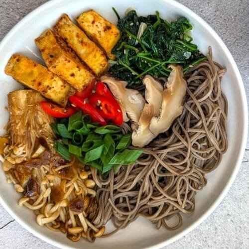 Toshikoshi Soba noodles with dipping sauce and other toppings