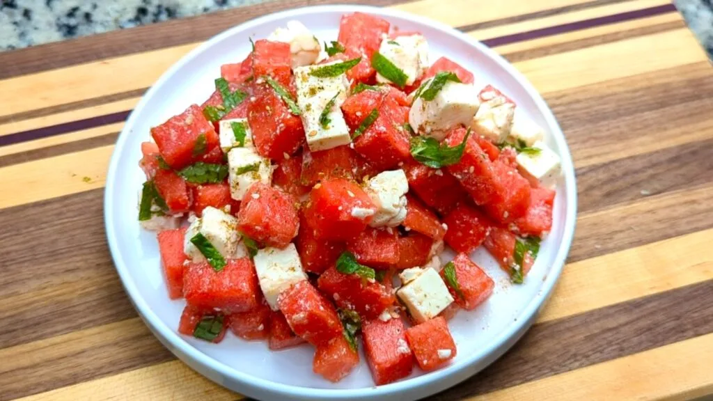 Watermelon Feta Salad on a white plate