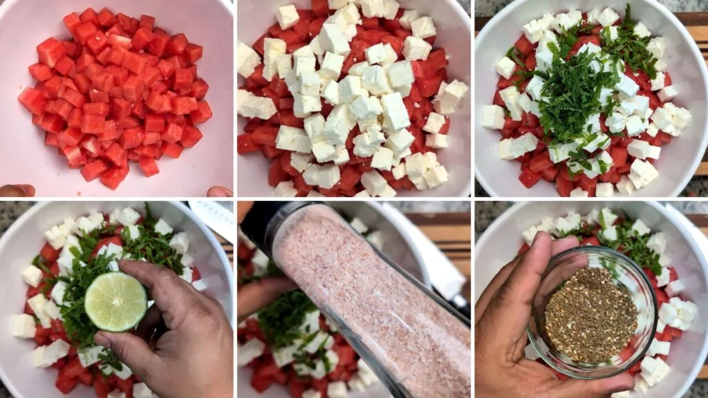 Adding ingredients one by one to a salad bowl for a watermelon feta salad
