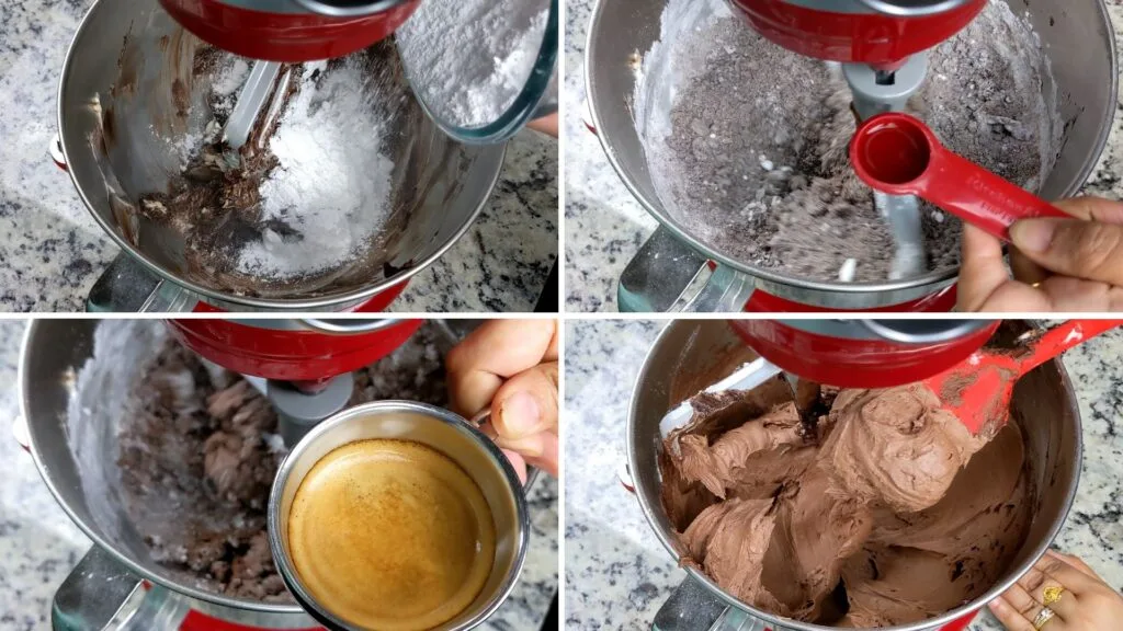 adding ingredients to mixer to make chocolate frosting