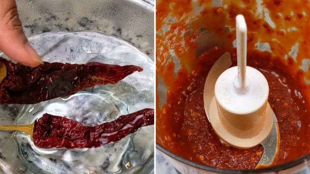Soaking Red Chilis and making paste in a chopper