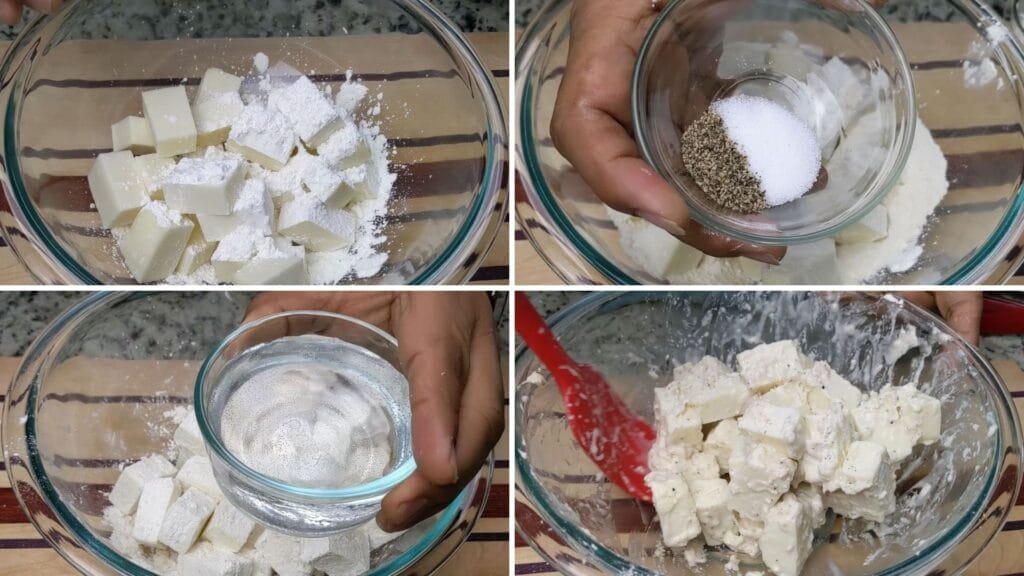Cut Panner add Corn Starch, water, sat and Black Pepper in a glass bowl