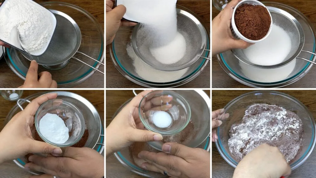 Adding dry ingredients in a glass bowl to make eggless chocolate cake