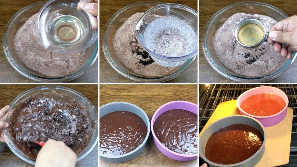 adding wet ingredients in a bowl to make eggless chocolate cake