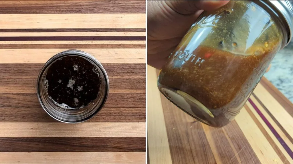 adding ingredients in a glass jar to make a salad dressing for Asian Coleslaw