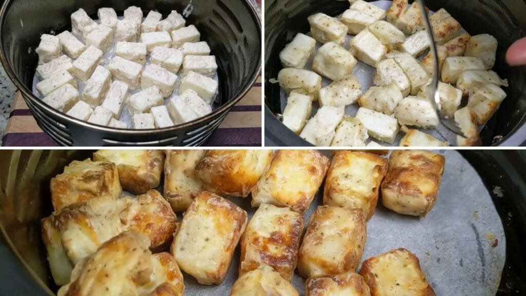Air Fry Tofu in a bucket and flip it Half way to make it crispy Chili Paneer
