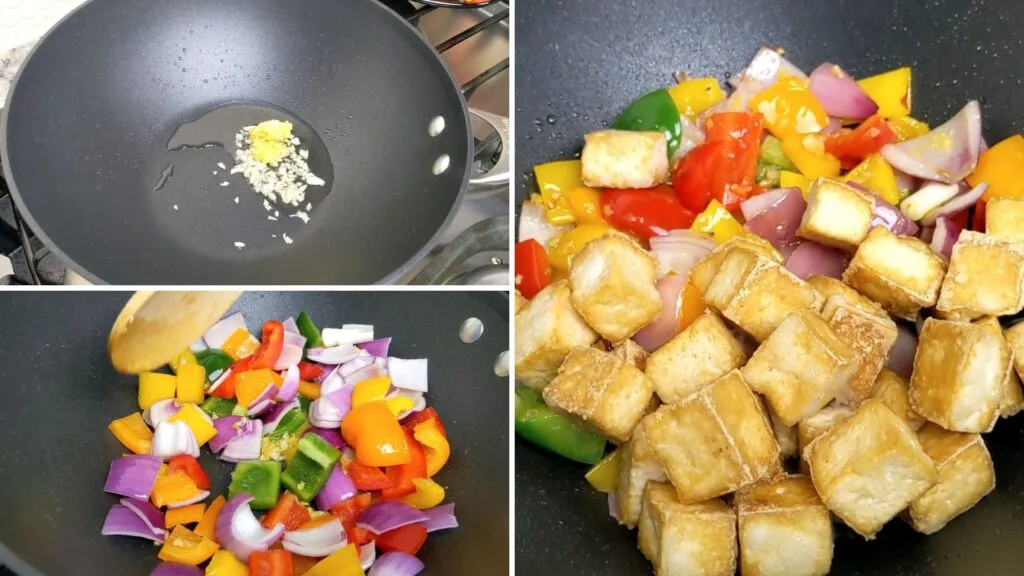 Sauté vegetables and fried tofu to make Sweet and Sour Tofu