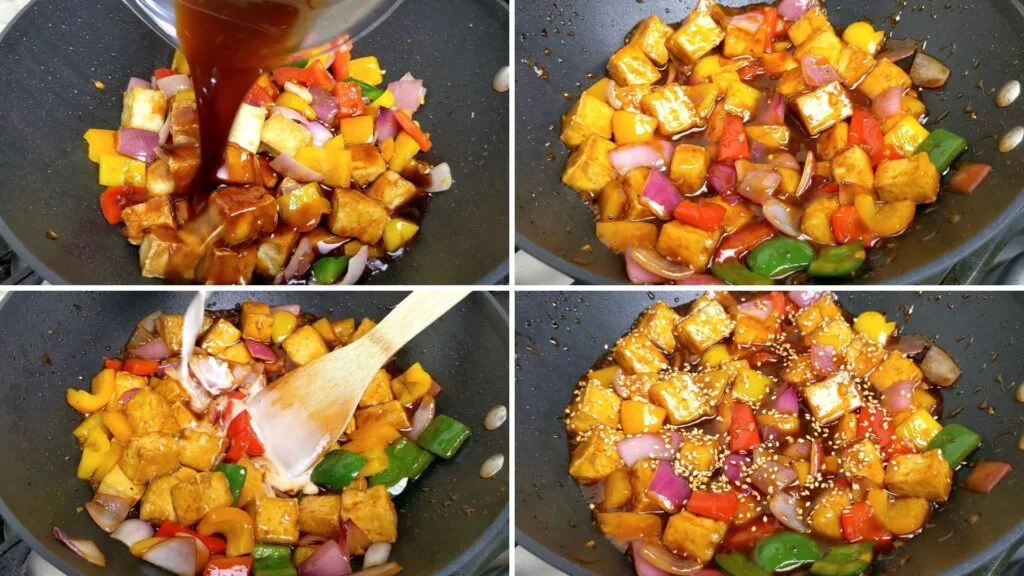 Adding Sauce, Sesame seeds and Corn Starch slurry to make Sweet and Sour Tofu