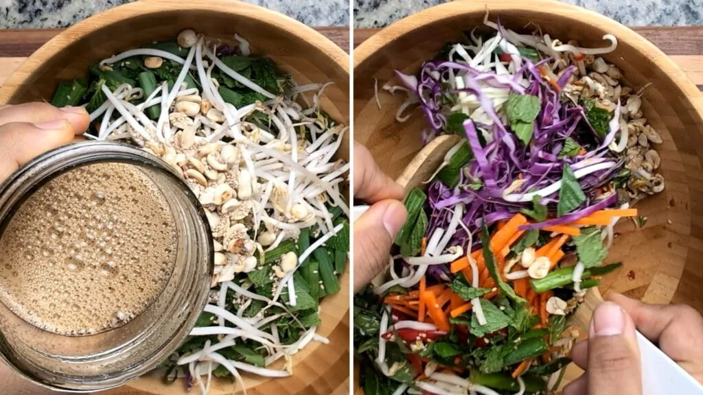 adding dressing on the vegetables on a wooden bowl