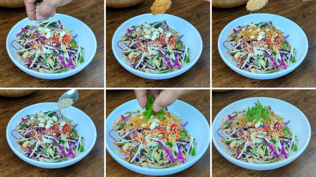 Garnish salad with peanuts, fried  shallots, fried garlic, sesame seeds and Green onions a while bowl