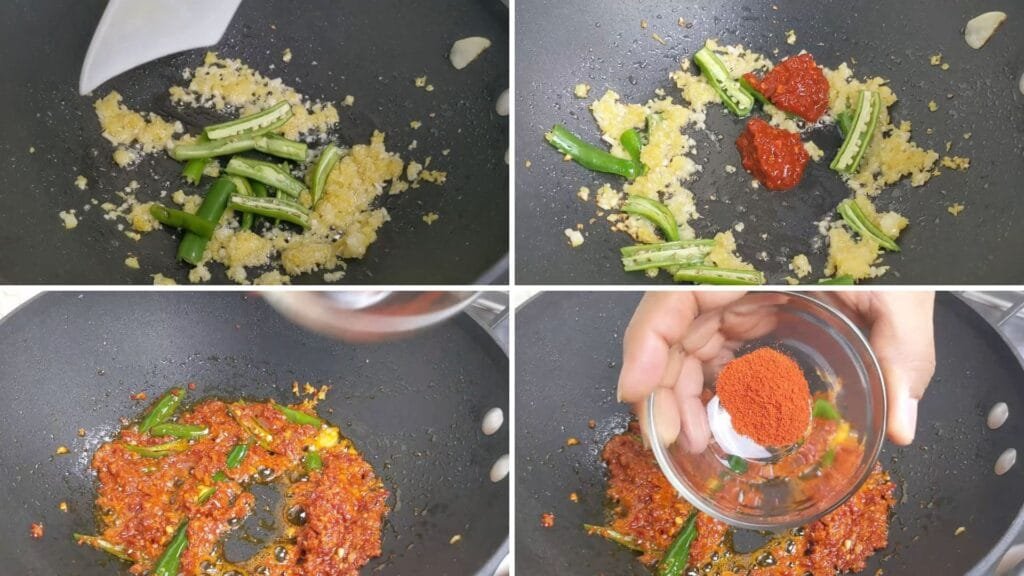 adding Ginger, Garlic, Green Chilis and Red Chili Powder in a wok