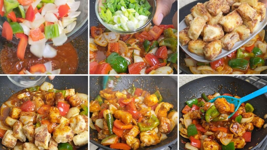 adding cooked vegetables, Paneer , Green Onion and mix it with sauce in a Wok