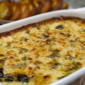 Spinach Artichoke Dip with Crostini served in a baking dish