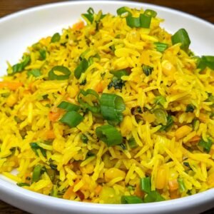 Garlic Turmeric Rice in a white plate