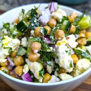 Mediterranean Chickpea Feta Salad in white bowl
