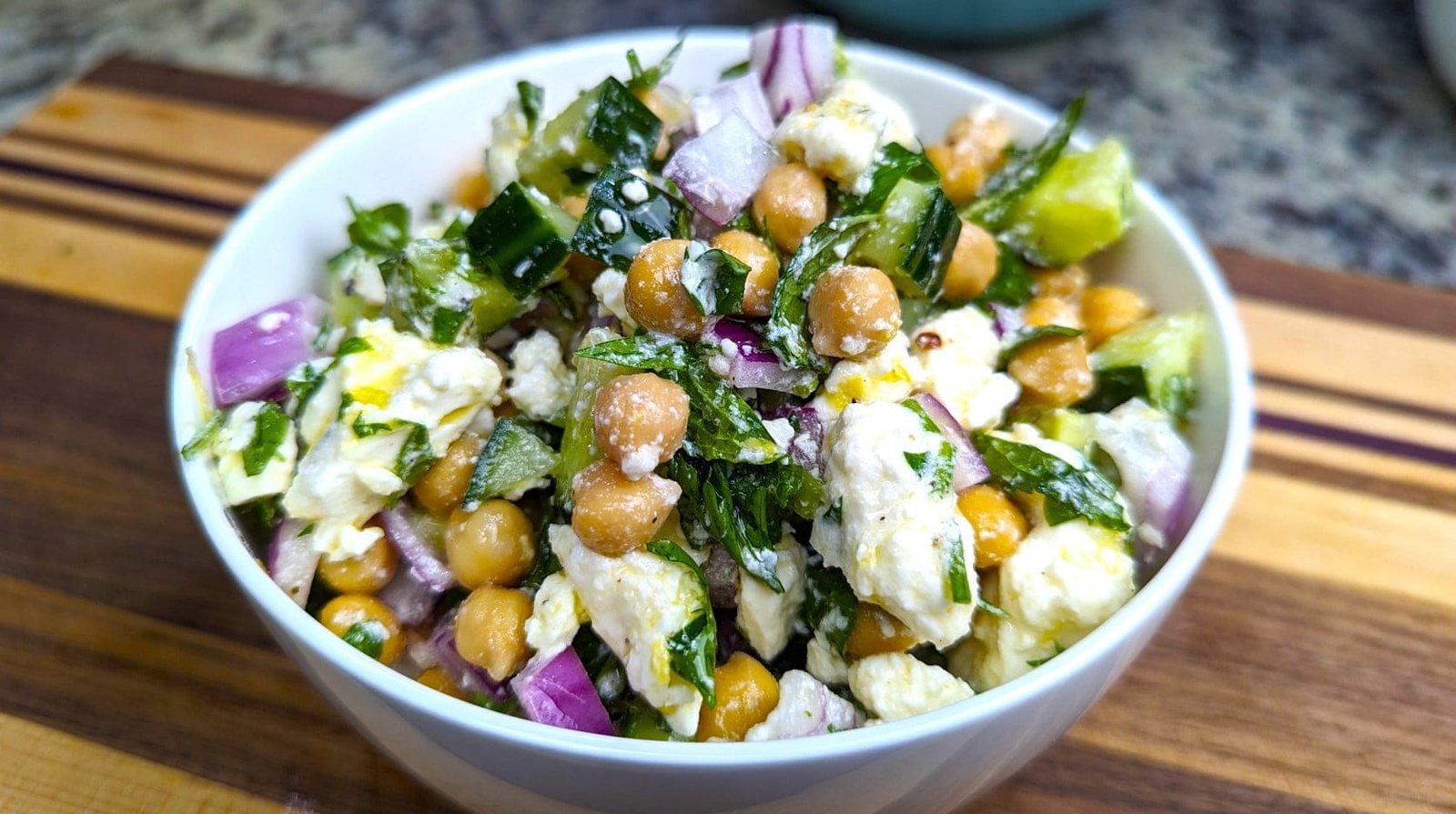 Mediterranean Chickpea Feta Salad in white bowl